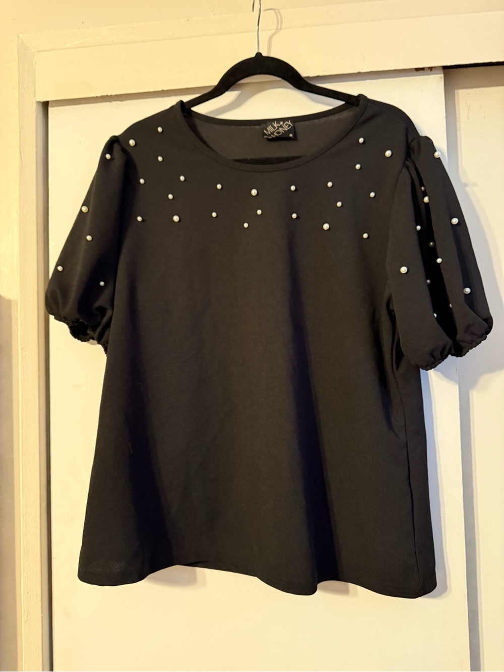 Embellished Black Puff Sleeve Blouse